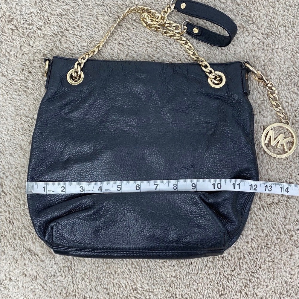 Michael Kors Shoulder Bag Black Leather Slouchy Chain MK Charm Gold Tone Purse - Picture 7 of 12